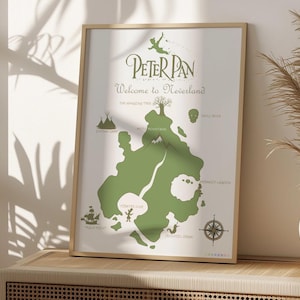 May include: A printable map of Neverland from Peter Pan, featuring a green island with various locations labeled, including Mermaid Lagoon, Skull Rock, and Captain Hook's Ship.