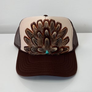 FEATHER Trucker Hat Two Tone Turquoise Stone Embellished Trucker Hat Tan Brown