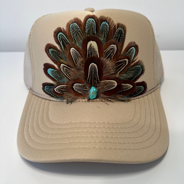 FEATHER Trucker Hat Turquoise Stone Embellished Trucker Hat Blue Feathers Khaki Hat