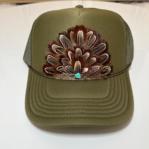 FEATHER Trucker Hat Western Fashion Turquoise Stone Embellished Olive Green