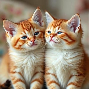 Può includere: Due adorabili gattini tabby arancioni con splendidi occhi blu. La loro pelliccia è un mix di arancione e crema, con distintivi segni tabby. I gattini sono vicini, creando una scena commovente. L'immagine è ben illuminata, evidenziando la morbida pelliccia dei gattini.