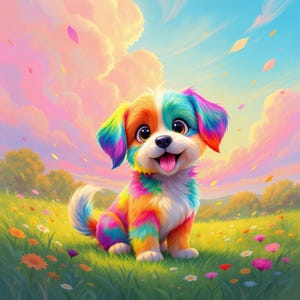 Può includere: Un cucciolo di cartone animato colorato con pelliccia e orecchie arcobaleno è seduto in un campo di fiori. Il cucciolo ha un'espressione felice con la lingua di fuori. Lo sfondo presenta un cielo pastello con nuvole e alberi.