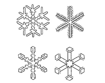 冬の雪の結晶をモチーフにしたミシン刺繍デザイン4種 | PES、DST、JEF、VP3形式（即時ダウンロード）