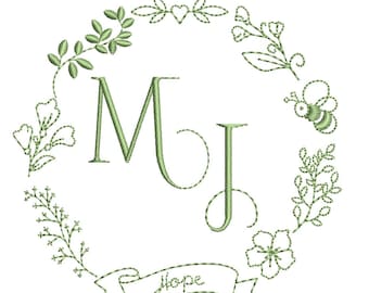 カスタムモノグラム刺繍ファイル - バンブルビーとバナー付き花輪 - パーソナライズされた名前のイニシャル