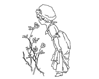 バラとヴィンテージガールの刺繍デザイン | アウトラインマシン刺繍ファイル（DST JEF PES VP3）