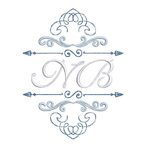 May include: An embroidered design with the initials "NB" in a cursive font, framed by ornate blue and silver embellishments. The design includes arrows and decorative flourishes, set against a white background, suitable for embroidery projects.