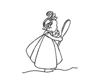 鏡面刺繍デザインを施したヴィンテージガール｜レッドワークアウトライン（デジタルファイル）