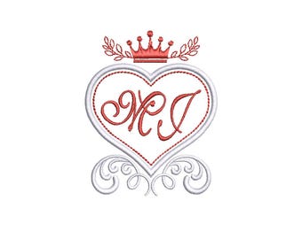 カスタムロイヤルハートモノグラム刺繍デザイン – パーソナライズされたイニシャル（デジタルファイル）