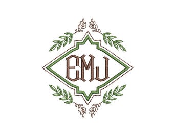 カスタムダイヤモンドフレームモノグラム刺繍デザイン - 麦の穂のイニシャル（デジタルファイル）