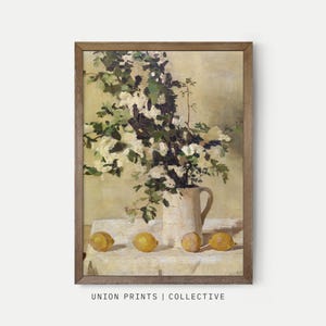 Printable Vintage Still Life Art | Lemon Vase Painting | Floral Digital Download | Classic Kitchen Decor | White Flowers Print | SL-103