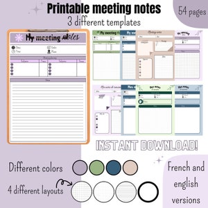 May include: Printable meeting notes templates in four different layouts, including lined, grid, and blank. The templates are available in five different colors: purple, green, blue, beige, and white. The templates are available in both English and French. The text "54 pages" and "Instant Download!" is also visible in the image.