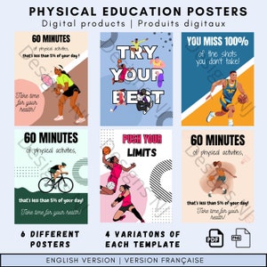 Può includere: Un set di poster digitali per promuovere l'educazione fisica. I poster presentano illustrazioni di vari sport e frasi motivazionali come "Try Your Best" e "60 Minutes of physical activities". La tavolozza dei colori include blu, rosa e giallo.