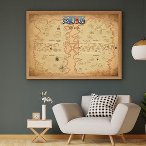 One Piece World Map on Handmade Scroll Grand Line Map Red 