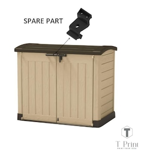 May include: A beige outdoor storage shed with a brown top and black base. A black spare part is shown above the shed. The text "SPARE PART" is above the spare part. The shed has a latch and vertical paneling.