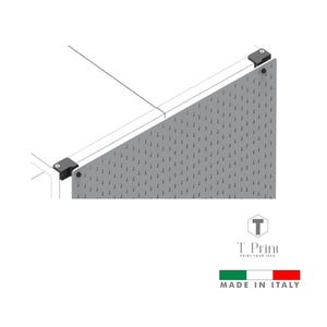 Può includere: Illustrazione architettonica di un pannello forato grigio con piccoli fori, fissato da staffe angolari nere. Il pannello fa parte di una struttura più grande. Il logo T. Print è visibile, insieme al testo "MADE IN ITALY."
