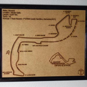 Holzwandkunst für die Grand-Prix-Rennstrecke von Monaco – handgefertigte Monte-Carlo-Rennkartendekoration – perfektes Geschenk für Autoliebhaber und Wohnaccessoires!