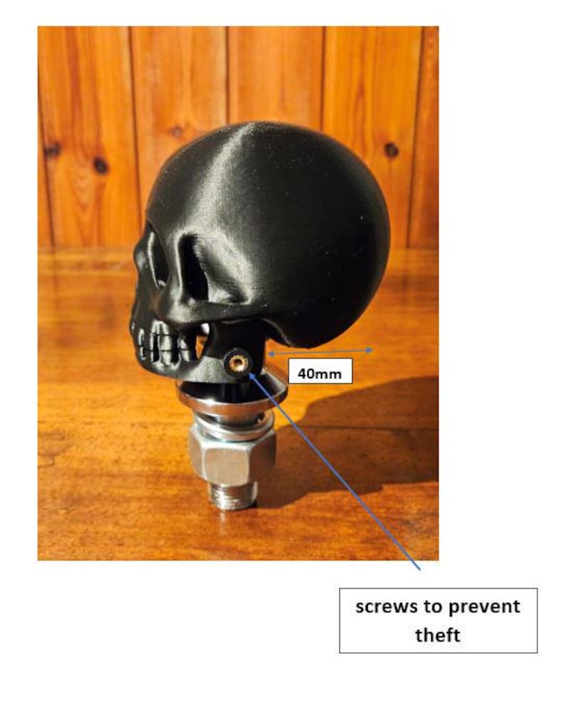 May include: A black skull-shaped object, approximately 40mm wide, mounted on a metal base with a bolt and nut. The design includes screws to prevent theft. The skull has detailed features.