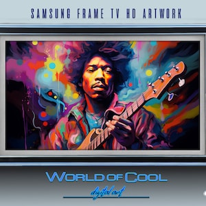 May include: A colourful digital art print of Jimi Hendrix playing a guitar. The background is a mix of vibrant colours, including pink, blue, yellow, and green. The print is framed in a black and silver frame. The text "WORLD OF COOL digital art" is at the bottom of the print.