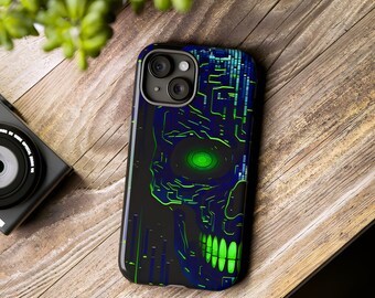 Neongrönt Techno Skull-skal med tuff design - Passar de flesta iPhone- och Samsung-modeller