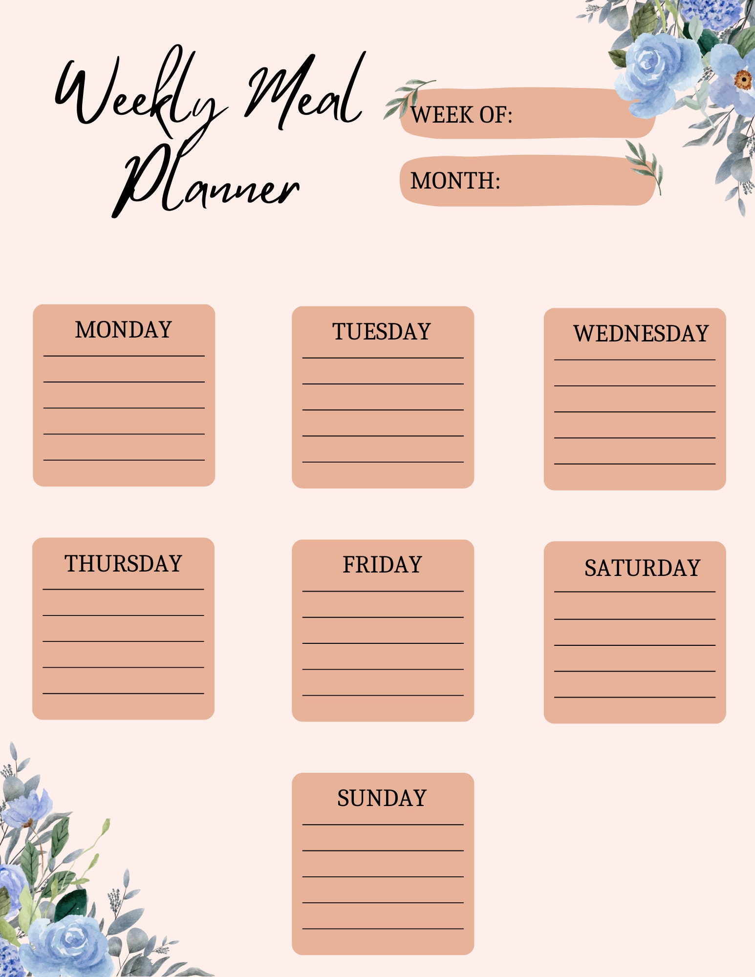 Weekly Meal Planner Pink Floral - Etsy