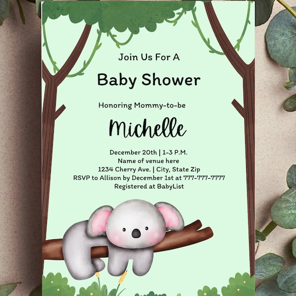 Koala Baby Shower Invite Template Green