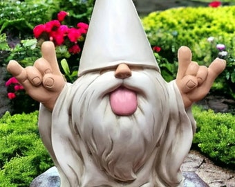 Miniature Rocker Gnome, All White Gnome, We Will Rock You, Funny Garden Decor, Gnome With Tongue Out, Happy Gnome, Fun Gnome.