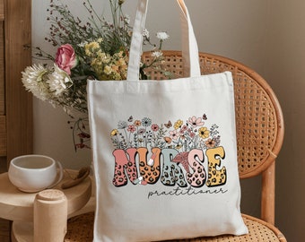 retro nurse practitioner tote bag, wildflower tote bag, nurse tote bag, Gift for Nurse, Nurse Gift, School Nurse Gift, Nursing Assistant gif