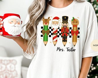 Comfort Colors Christmas Teacher Shirt, Personalized teacher shirt, Custom name Teacher Shirt, teacher Christmas.