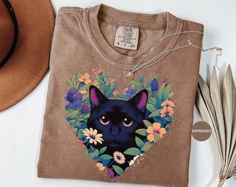 Cat floral heart Comfort Colors® shirt, Wildflower botanical, Gift for Cat lover, Gift for Cat mom Daughter, black cat shirt cat lover, myst