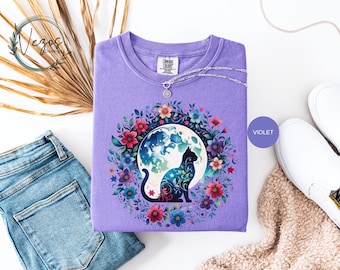 Black cat floral moon Comfort Colors® shirt, Wildflower botanical, Gift for Cat lover, Gift for Cat mom Daughter, black cat shirt cat lover.