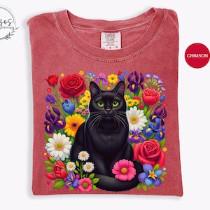 Black cat floral Comfort Colors® shirt, Wildflower botanical, Gift for Cat lover, Gift for Cat mom Daughter, black cat shirt cat lover, cat