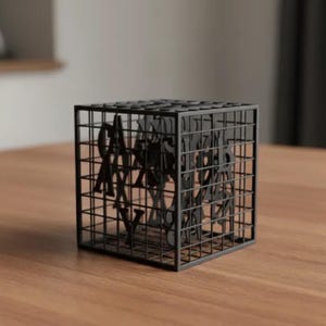 May include: A black metal cube-shaped decorative object with a cage-like design. Inside the cage are black letters, creating a unique visual texture. The cube sits on a wooden surface, adding a touch of contrast.