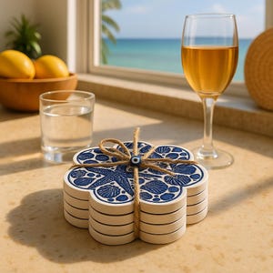 May include: A stack of flower-shaped coasters tied with twine. The coasters are white with a blue seashell and starfish design. A glass of wine and a glass of water are in the background. A wooden bowl of lemons sits nearby.