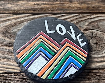 Hand Painted Slate Coaster - Pride Rainbow Mountain Design