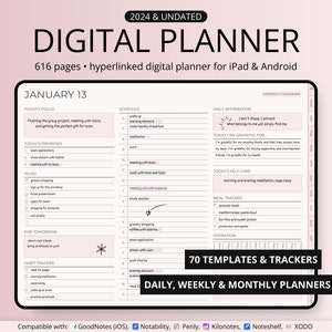 2024 Undated Digital Planner, iPad & Android Planner, GoodNotes iPad Calendar, Daily, Weekly, Monthly Planner, Daily Pink Planner Notability