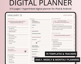 Undatierter digitaler Planer 2024, iPad- und Android-Planer, GoodNotes iPad-Kalender, Tages-, Wochen-, Monatsplaner, täglicher rosa Planer Notability