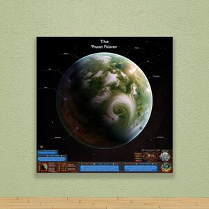 Turian Homeworld of Palaven, videogameposter, hoogwaardige scifi-kaartafdruk met infografiek. Gamekunst, digitale download JPG.
