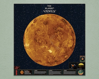 May include: A poster of the planet Venus with a detailed image of the surface. The poster is black with white stars and has the text "THE PLANET VENUS" at the top. The poster also includes information about Venus, including its size, distance from the sun, and atmosphere.