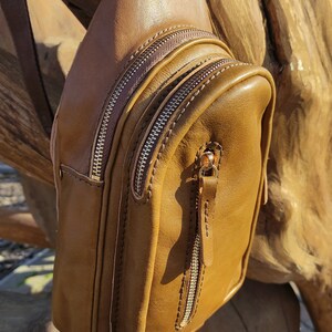 K&ouml;nnte beinhalten: Eine braune Leder-Umh&auml;ngetasche mit zwei Rei&szlig;verschlussf&auml;chern und einem goldenen Rei&szlig;verschluss-Zipper. Die Tasche h&auml;ngt an einem Holzast.