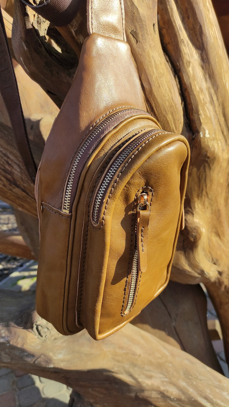 K&ouml;nnte beinhalten: Eine braune Leder-Umh&auml;ngetasche mit zwei Rei&szlig;verschlussf&auml;chern und einem goldenen Rei&szlig;verschluss-Zipper. Die Tasche h&auml;ngt an einem Holzast.