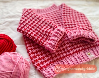 DFC Baby Jack's Houndstooth Sweater - Handmade Crochet Baby Sweater - 12-18M size - Pink Cherry - Easy Care - Reversible