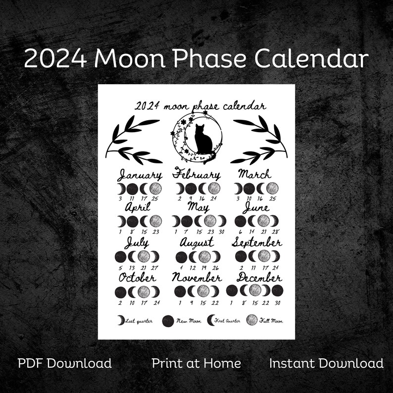 2024 Moon Phase Calendar Printable, Sunday and Monday Start, Letter