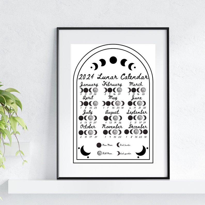 2024 Lunar Calendar Printable, Moon Phase Calendar, Digital Download