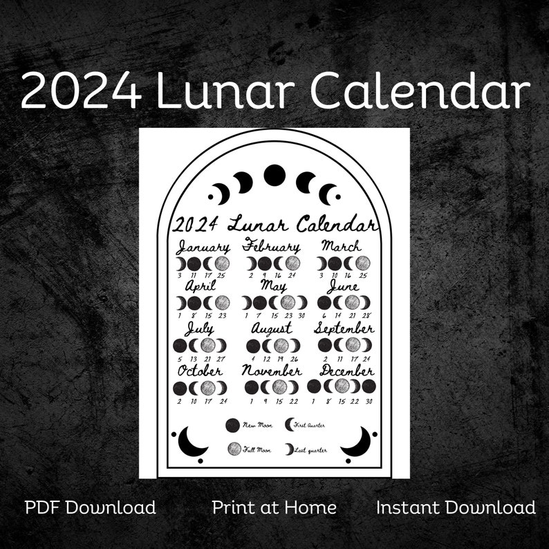 2024 Lunar Calendar Printable, Moon Phase Calendar, Digital Download