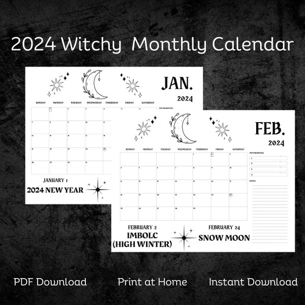 2024 Witchy Monthly Calendar With Holidays, 2024 Printable Calendar, Witchy Planner Pages, Calendar 2024, Goth Planner, Witchy Calendar