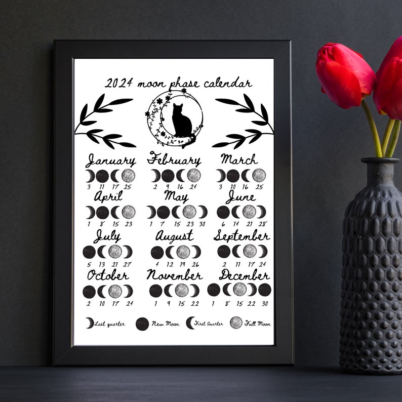 2024 Moon Phase Calendar Printable, Sunday and Monday Start, Letter