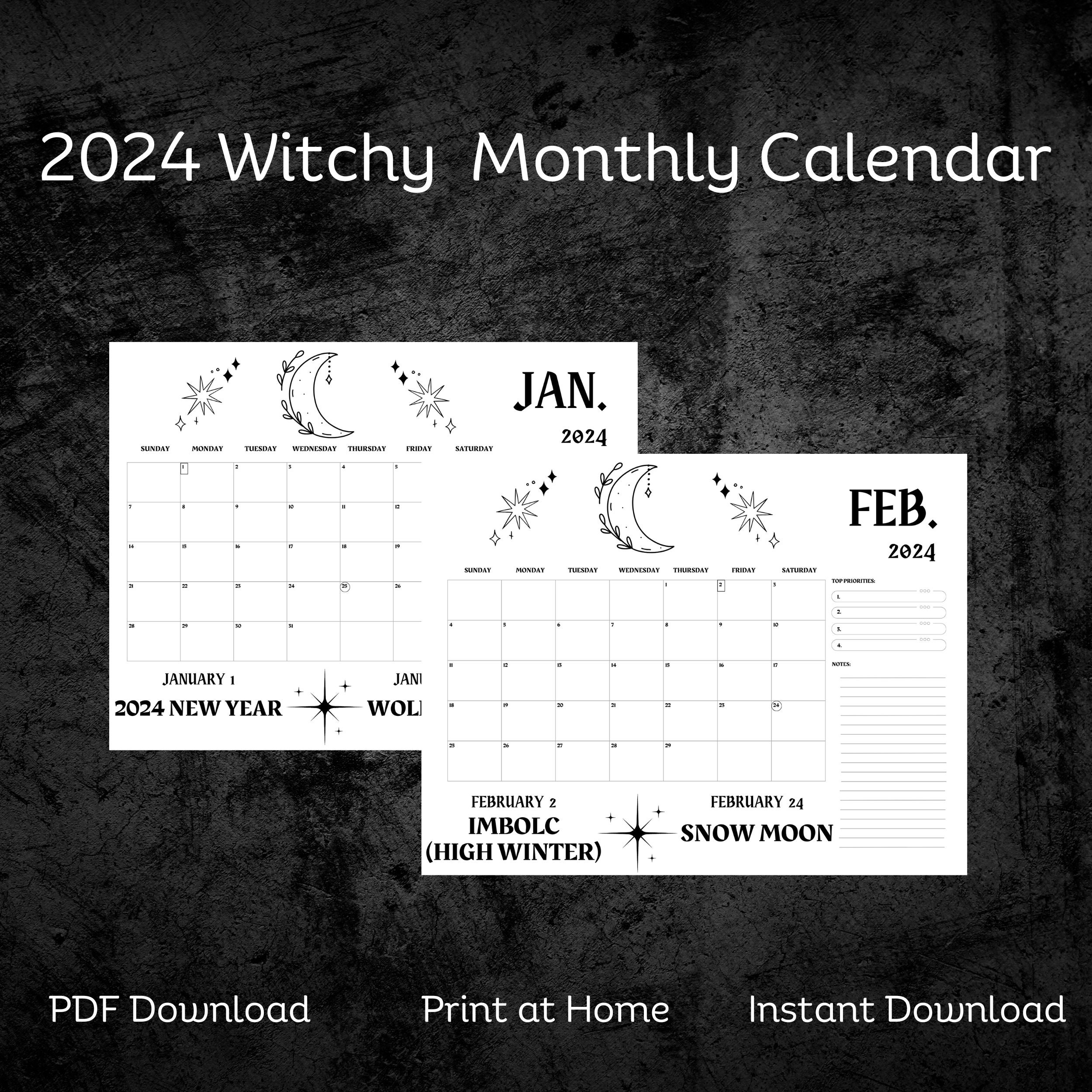 2024 Witchy Monthly Calendar With Holidays, 2024 Printable Calendar