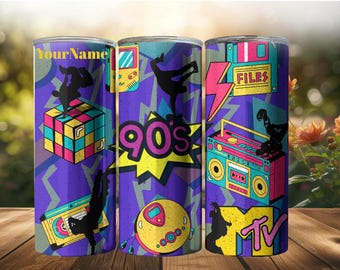 90s Retro Skinny Tumbler with Straw | Personalized 20oz Drinkware, Vintage Style Cup, Gifts for Nostalgia Lovers, Unique Party Favors