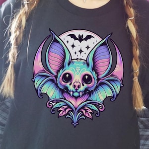 Pastel Goth Bat Shirt with Moon, Yami Kawaii Fairy Kei Tee - Pastel Grunge Shirt, Pink Kawaii Shirt, Harajuku Kawaii - Best Gift for Goths