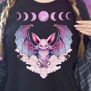Pastel Goth Bat Shirt with Moon Phases, Yami Kawaii Fairy Kei Tee - Pastel Grunge Shirt, Pink Kawaii Shirt, Harajuku Kawaii